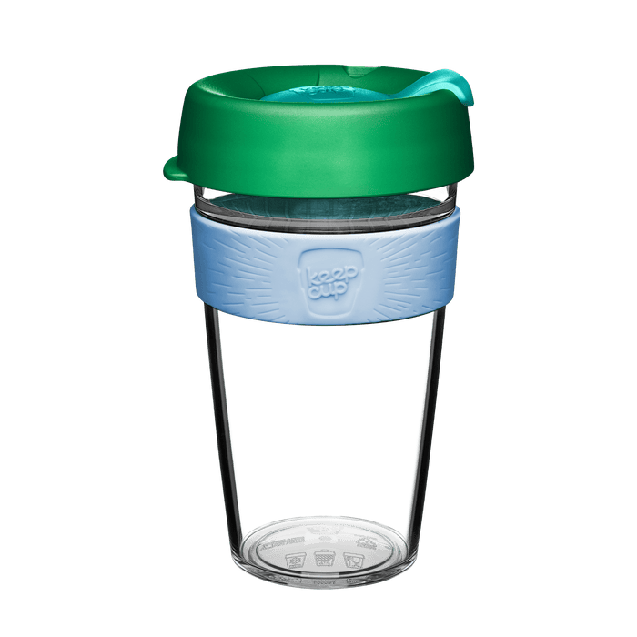 Clear reusable coffee cup with green lid and blue sleeve on a transparent background