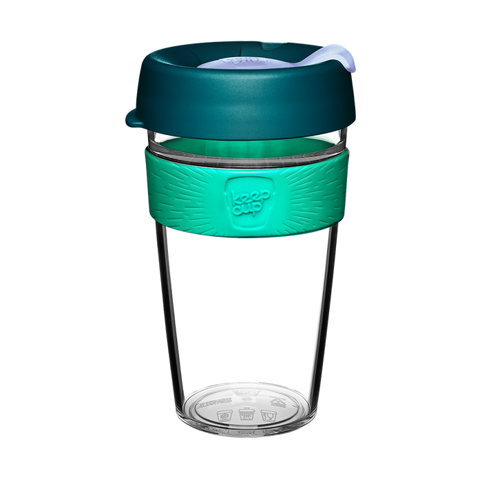 KeepCup Original Clear L 16oz in Eventide, featuring a clear reusable plastic cup with a teal silicone band, deep teal lid and light purple sip hole plug, shown against a white background.