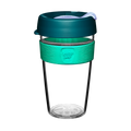 KeepCup Original Clear L 16oz in Eventide, featuring a clear reusable plastic cup with a teal silicone band, deep teal lid and light purple sip hole plug, shown against a white background.