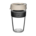 KeepCup Original Clear L 16oz in Filter colourway, shown front-on against a white background, featuring a clear tritan cup, charcoal grey textured band with embossed logo, and light beige lid with sipper opening.
