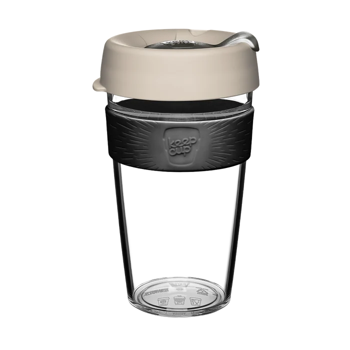 KeepCup Original Clear L 16oz in Filter colourway, shown front-on against a white background, featuring a clear tritan cup, charcoal grey textured band with embossed logo, and light beige lid with sipper opening.