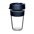 KeepCup Original Clear L 16oz in Ink colour, featuring a clear tritan cup with dark navy lid, blue plug, and steel blue silicone band with embossed KeepCup logo, shown against a white background.