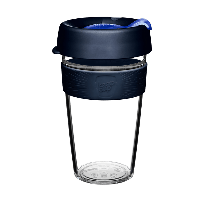 KeepCup Original Clear L 16oz in Ink colour, featuring a clear tritan cup with dark navy lid, blue plug, and steel blue silicone band with embossed KeepCup logo, shown against a white background.