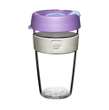 KeepCup Original Clear L 16oz in Moonshine, featuring a clear lightweight plastic cup with lavender-coloured lid, light grey grip band with KeepCup logo, and sipper opening, shown against a white background.