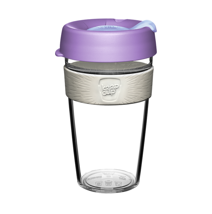 KeepCup Original Clear L 16oz in Moonshine, featuring a clear lightweight plastic cup with lavender-coloured lid, light grey grip band with KeepCup logo, and sipper opening, shown against a white background.