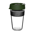 KeepCup Original Clear L 16oz in Pine, shown from the front against a white background, featuring a dark green lid with sipper closure, charcoal-coloured band with embossed KeepCup logo, and clear lightweight plastic cup body.