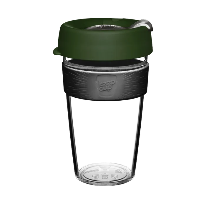 KeepCup Original Clear L 16oz in Pine, shown from the front against a white background, featuring a dark green lid with sipper closure, charcoal-coloured band with embossed KeepCup logo, and clear lightweight plastic cup body.