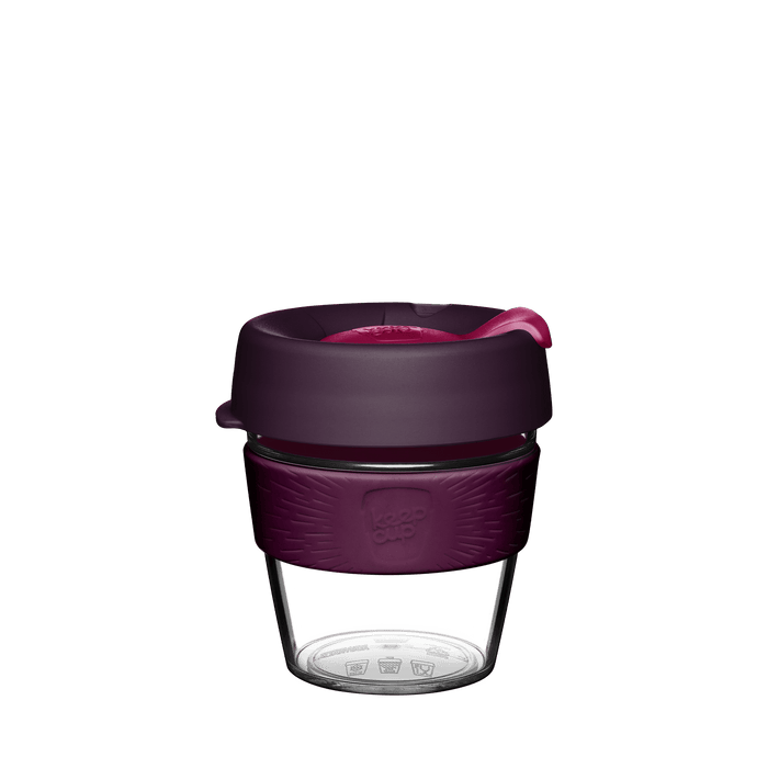 KeepCup Original Clear S 8oz in Alder, featuring a clear tritan cup with deep plum silicone band and matching dark purple lid with pink sipper plug, shown against a white background.