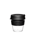 KeepCup Original Clear S 8oz in Black, featuring a clear reusable plastic cup with black lid and black silicone band displaying the KeepCup logo, shown against a white background.