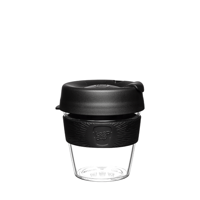 KeepCup Original Clear S 8oz in Black, featuring a clear reusable plastic cup with black lid and black silicone band displaying the KeepCup logo, shown against a white background.