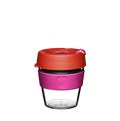 KeepCup Original Clear S 8oz in Daybreak, featuring a clear plastic cup with pink silicone band and coral-coloured lid with sipper opening, shown against a white background.