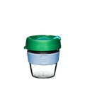 Reusable glass coffee cup with a green lid on a transparent background