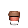 KeepCup Original Clear S 8oz in Frappe, featuring a clear tritan cup with coral-coloured silicone band, brown lid with peach-toned plug, shown against a white background.