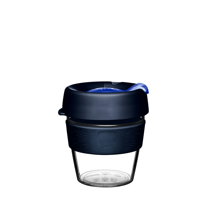 KeepCup Original Clear S 8oz in Ink, featuring a clear plastic cup with dark navy silicone band and lid, shown from a front view against a white background.