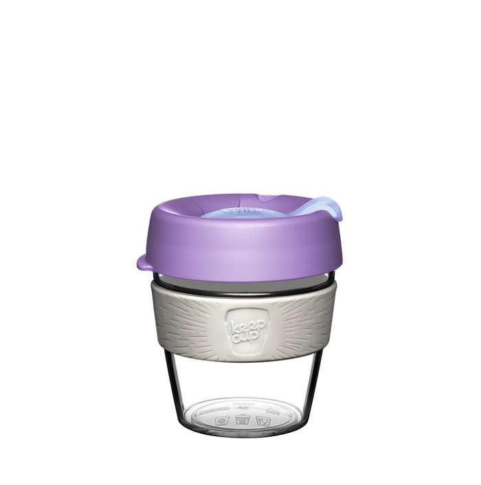 KeepCup Original Clear S 8oz in Moonshine, featuring a clear plastic cup with light grey silicone band and lavender-coloured lid with sipper closure, shown against a white background.