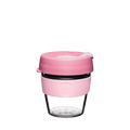 KeepCup Tritan plastic reusable coffee cup with a pink silicone sleeve and lid on a white background