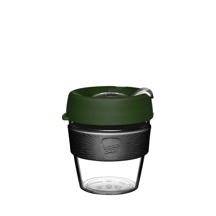 KeepCup Original Clear S 8oz in Pine, featuring a clear lightweight plastic cup with dark grey band and olive green lid with sipper opening, shown against a white background.