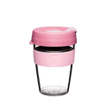 KeepCup Tritan plastic reusable coffee cup with pink silicone sleeve and lid on a white background