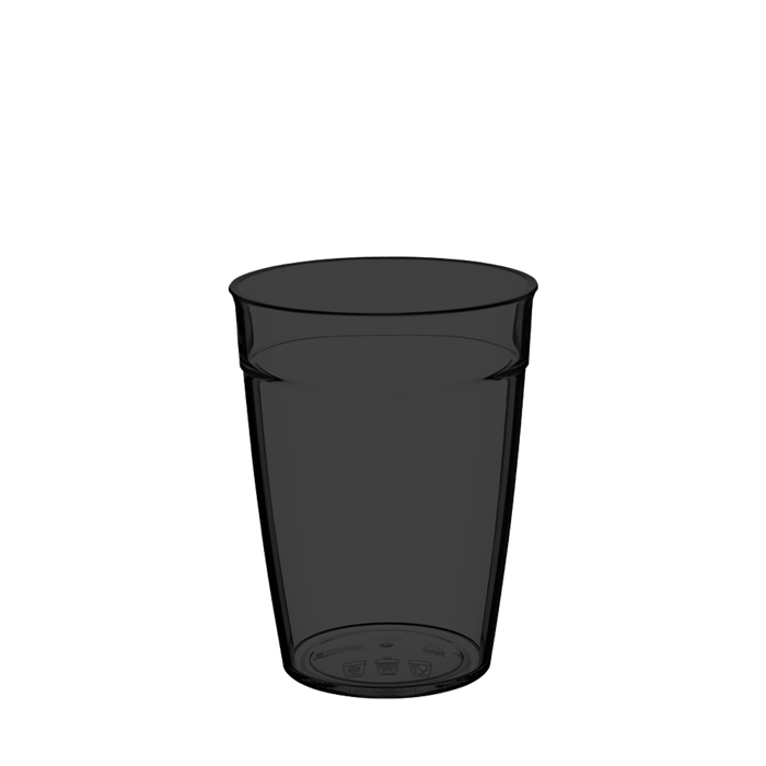 Original Plastic Cup Base in Black Tint, a translucent dark grey 12oz reusable cup made from 100% recycled material, shown against a white background with recycling symbols visible on the base.