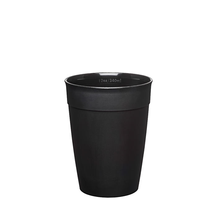 Original Plastic Cup Base in Black, M 12oz size, shown from a front angle against a white background, displaying the tapered reusable cup body with matte finish and measurement marking of 12oz/340ml visible inside the rim.