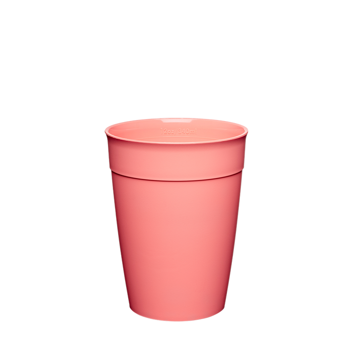 KeepCup Original Plastic Cup Base in Clay, a warm coral-pink reusable cup shown from a front angle against a white background, displaying the 12oz/340ml capacity marking near the rim.