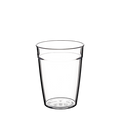 Clear plastic KeepCup Original Plastic Cup Base in M 12oz size, shown from a slight angle against a white background, displaying the transparent tumbler shape with measurement markings and care icons moulded into the base.