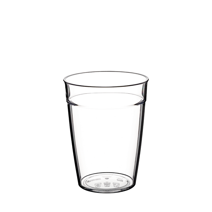 Clear plastic KeepCup Original Plastic Cup Base in M 12oz size, shown from a slight angle against a white background, displaying the transparent tumbler shape with measurement markings and care icons moulded into the base.