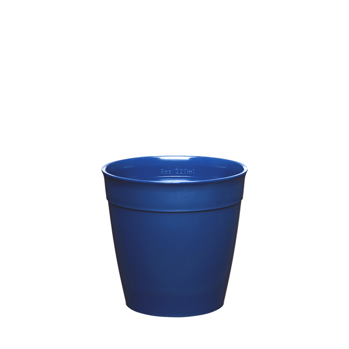 Original Plastic Cup Base in Indigo Blue, M 12oz size, shown from a front angle against a white background, featuring the tapered reusable cup design with measurement markings visible on the inner rim.