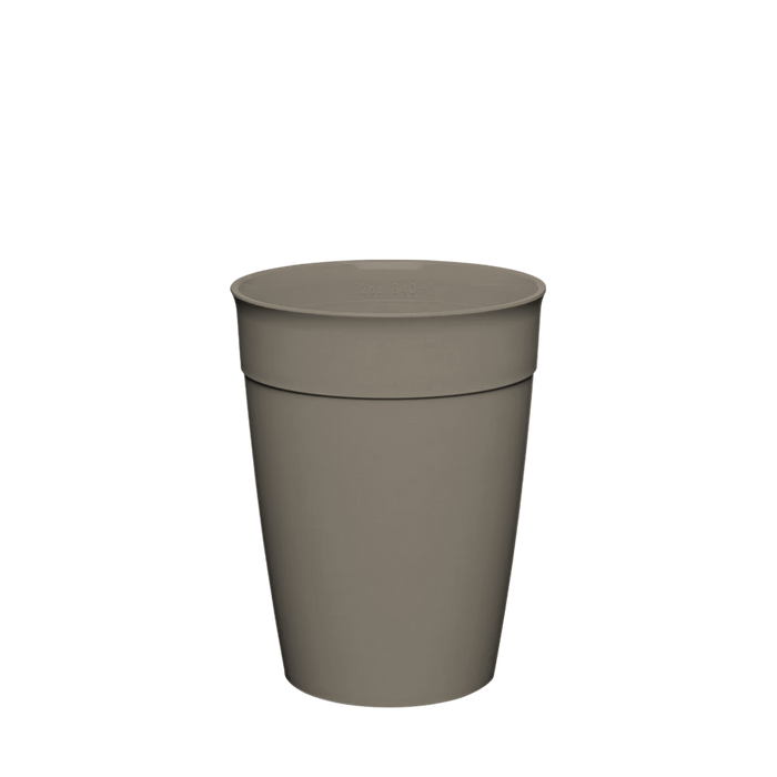 KeepCup Original Plastic Cup Base in Warm Grey, M 12oz size, shown from a front angle against a white background, featuring the tapered reusable cup with lid attached.
