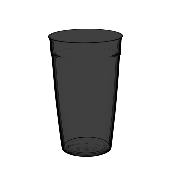 Original Plastic Cup Base in Black Tint, a translucent dark grey 16oz reusable cup shown at a slight angle against a white background, featuring a tapered design with a subtle rim detail and recycling symbols visible on the base.