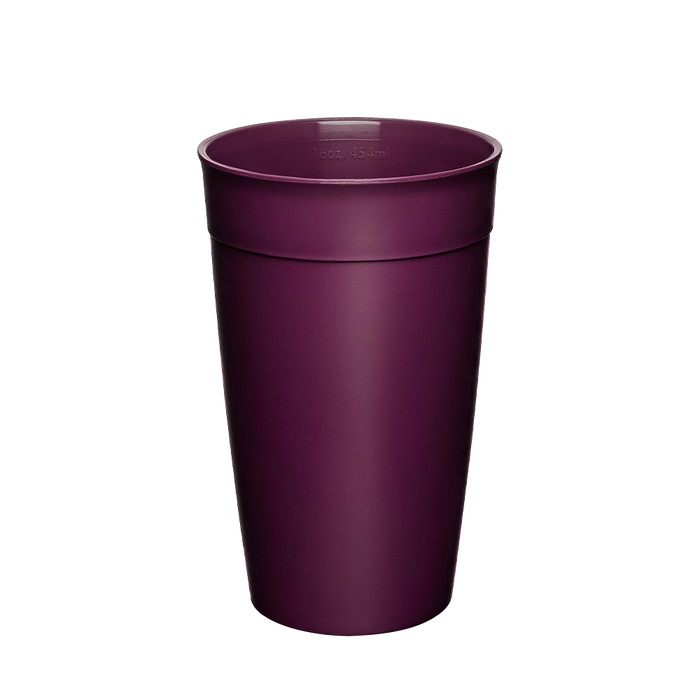 KeepCup Original Plastic Cup Base in Burgundy, L 16oz, shown from a front angle against a white background, displaying the tapered reusable cup with a matte finish and measurement marking visible near the rim.