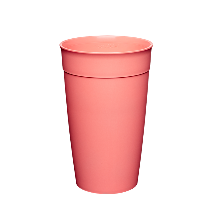 KeepCup Original Plastic Cup Base in Clay, a soft coral-pink reusable cup shown from a front angle against a white background, featuring the 16oz/454ml capacity marking embossed near the base.