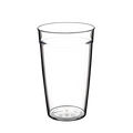 Clear Original Plastic Cup Base L 16oz shown from a slightly elevated angle against a white background, displaying the transparent tumbler shape with subtle panelled sides and recycling symbols visible on the base.