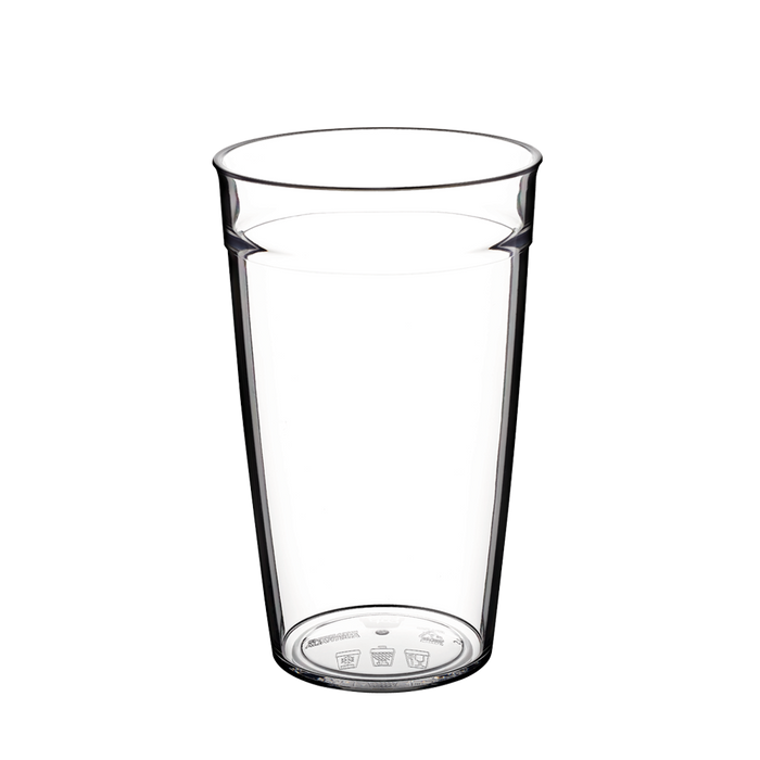 Clear Original Plastic Cup Base L 16oz shown from a slightly elevated angle against a white background, displaying the transparent tumbler shape with subtle panelled sides and recycling symbols visible on the base.