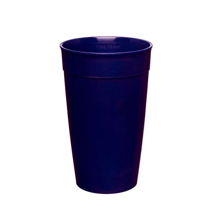 Original Plastic Cup Base in Deep Purple, L 16oz, shown upright against a white background, displaying the tapered tumbler shape with rolled rim and capacity marking of 16oz/454ml embossed near the top.