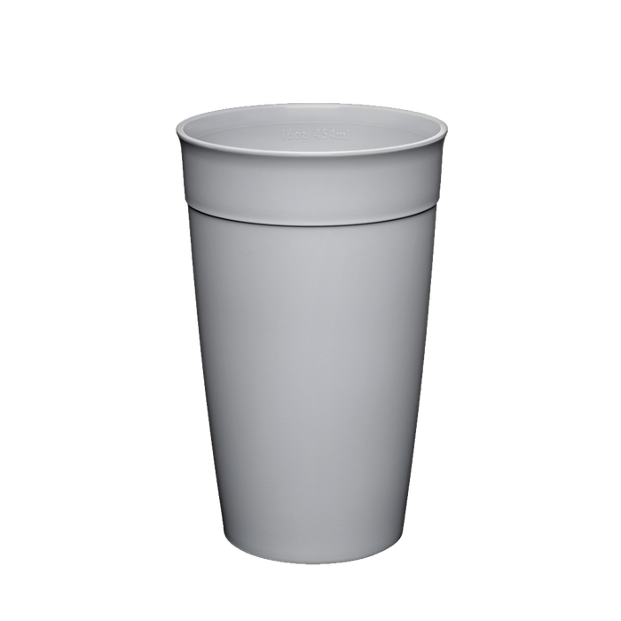 KeepCup Original Plastic Cup Base in Dove Grey, L 16oz size, shown from a front angle against a white background, displaying the tapered reusable cup design with ribbed grip band near the rim.