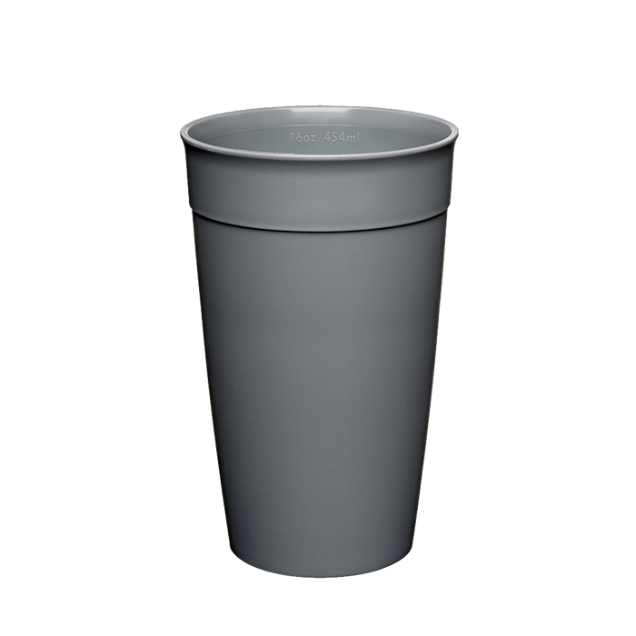 KeepCup Original Plastic Cup Base in Gun Metal, L 16oz/454ml size, shown from a front angle against a white background, displaying the tapered grey reusable cup with interior measurement markings visible on the rim.