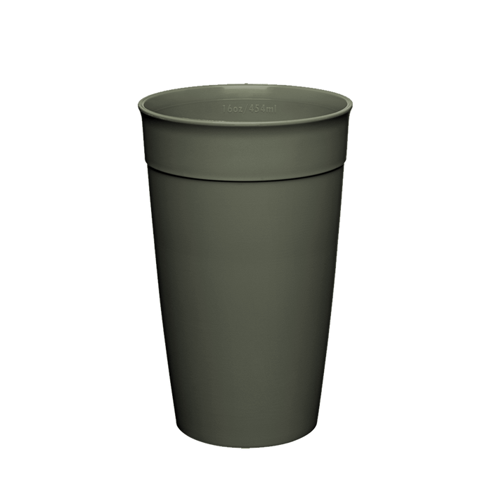 KeepCup Original Plastic Cup Base in Olive Grey, L 16oz/454ml capacity, shown from a front angle against a white background, displaying the tapered reusable cup design with measurement markings visible inside the rim.