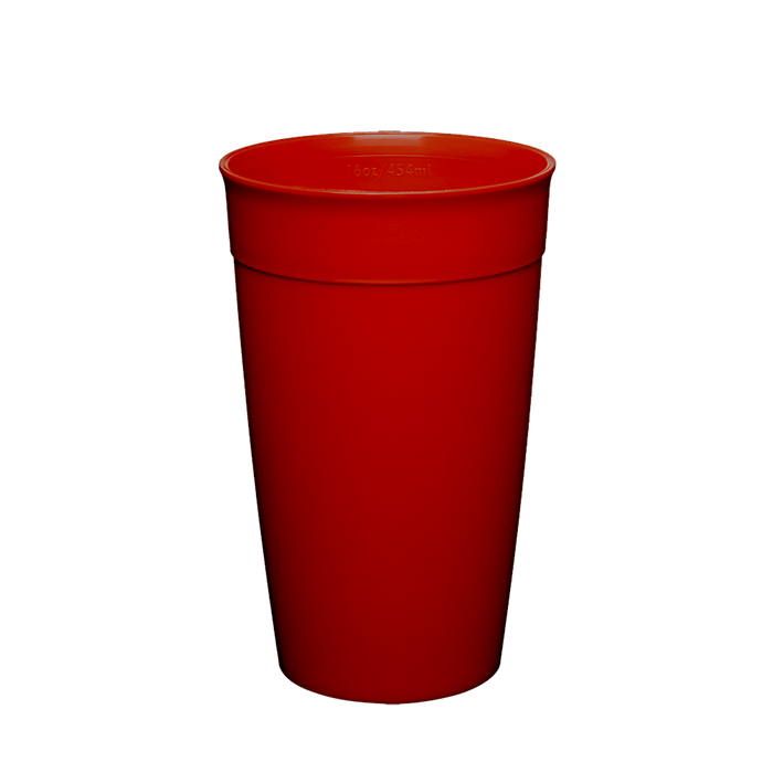 KeepCup Original Plastic Cup Base in Tomato Red, L 16oz/454ml size, shown upright against a white background displaying the tapered reusable cup design with characteristic rim detail.