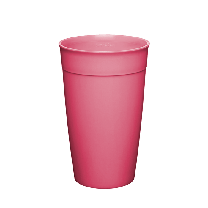 Original Plastic Cup Base in Rosy Pink, L 16oz/454ml, shown upright against a white background, displaying the tapered reusable cup base with rolled rim and subtle capacity marking near the top.