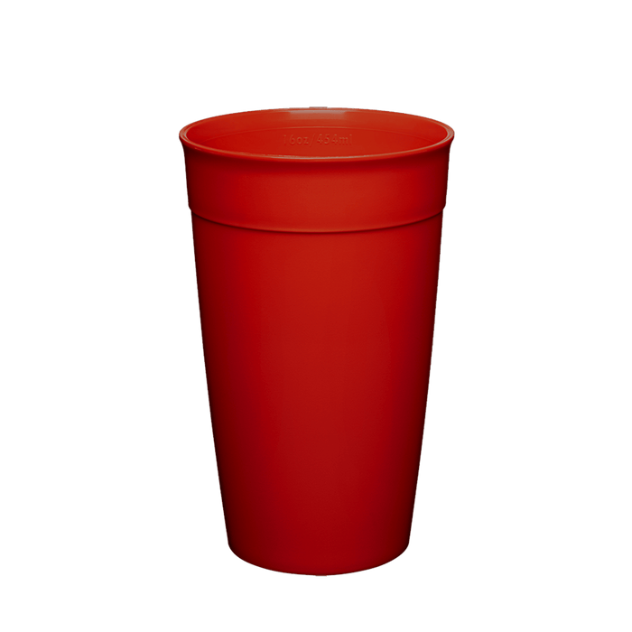 KeepCup Original Plastic Cup Base in Ruby Red, L 16oz, shown upright against a white background, displaying the tapered reusable cup with embossed capacity marking near the rim.
