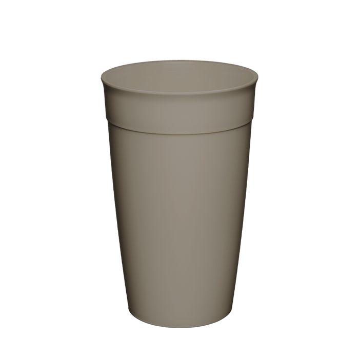 KeepCup Original Plastic Cup Base in Warm Grey, L 16oz size, shown at a slight angle against a white background, displaying the tapered cup shape and subtle rim detail.