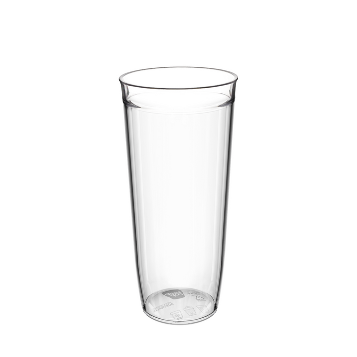 Clear Original Plastic Cup Base in XL 20oz size, shown upright against a white background, displaying the transparent cylindrical design with tapered shape and recycling symbols visible on the base.