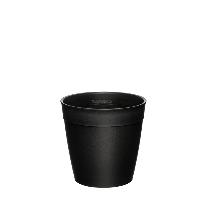 Black Original Plastic Cup Base in S 8oz size, shown from a front angle against a white background, displaying the tapered cup shape with measurement marking of 8oz/227ml visible on the inner rim.