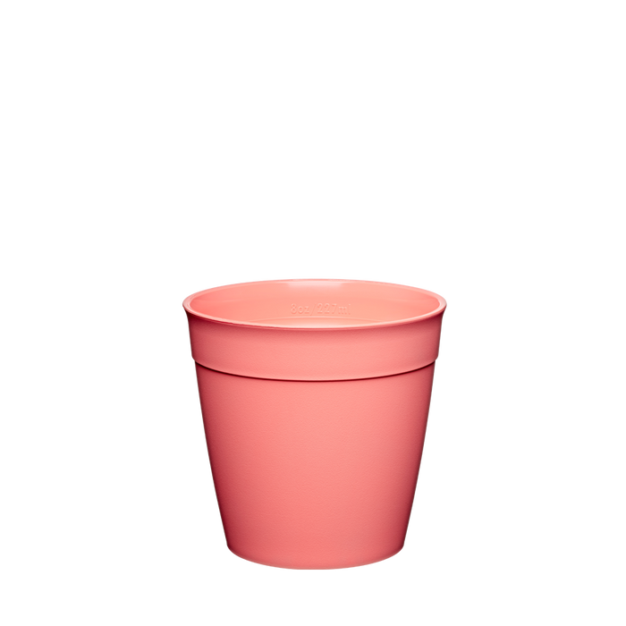 KeepCup Original Plastic Cup Base in Clay, S 8oz size, shown from a front angle against a white background. The coral-pink reusable cup base features a tapered shape with a subtle rim and embossed capacity marking.
