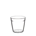 Clear Original Plastic Cup Base in S 8oz size, shown from a slightly elevated angle against a white background, displaying the transparent tapered tumbler design with subtle branding icons moulded into the base.