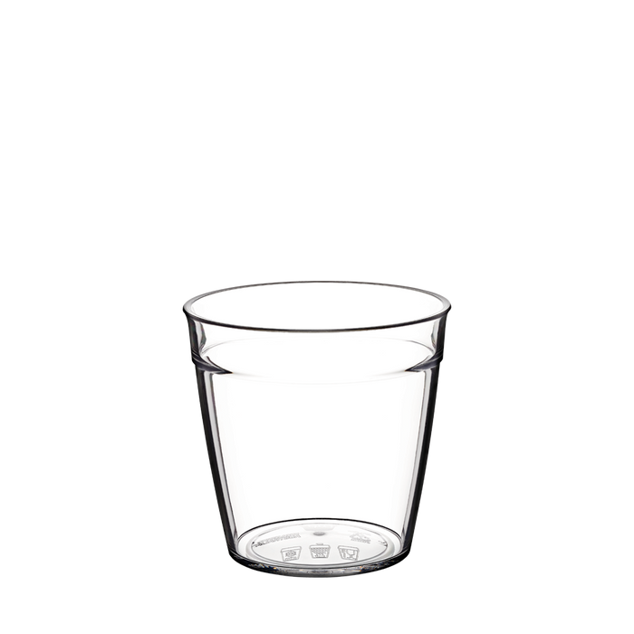 Clear Original Plastic Cup Base in S 8oz size, shown from a slightly elevated angle against a white background, displaying the transparent tapered tumbler design with subtle branding icons moulded into the base.