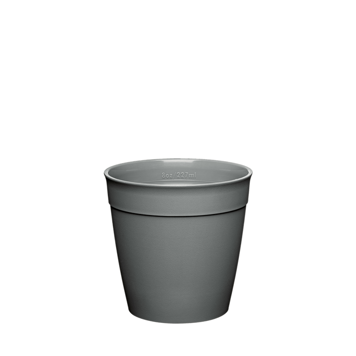 KeepCup Original Plastic Cup Base in Grey Mist, S 8oz size, shown from a front angle against a white background, displaying the tapered cup shape with matte grey exterior and glossy light grey interior with capacity marking.