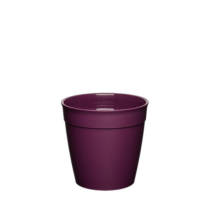 KeepCup Original Plastic Cup Base in Merlot, S 8oz size, shown straight-on against a white background, featuring the classic tapered shape in a deep plum colour with a matte finish and embossed measurement marking visible inside the rim.