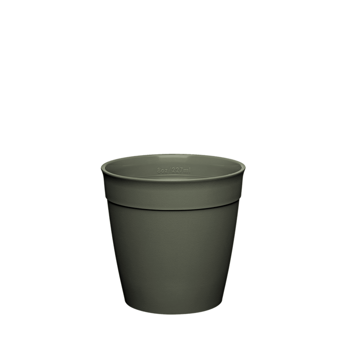 Original Plastic Cup Base in Olive Green, S 8oz size, shown from a front angle against a white background. The tapered reusable cup base features a matte finish with a measurement marking of 8oz/227ml visible on the inner rim.
